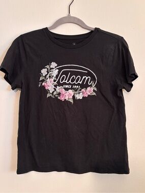 Volcom Black Tee with Pink & White Floral Logo